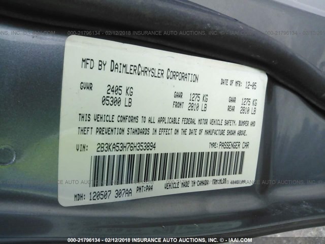 2B3KA53H76H353894 - 2006 DODGE CHARGER R/T GRAY photo 9