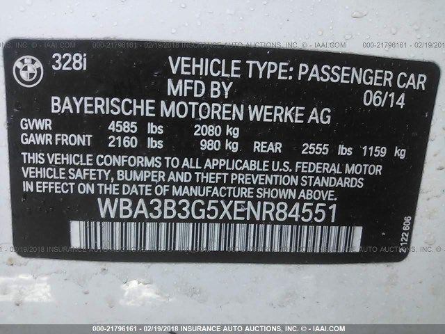 WBA3B3G5XENR84551 - 2014 BMW 328 XI WHITE photo 9