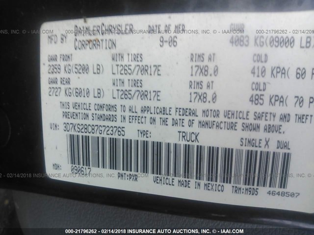 3D7KS28C87G723765 - 2007 DODGE RAM 2500 ST/SLT 黑色 照片 9