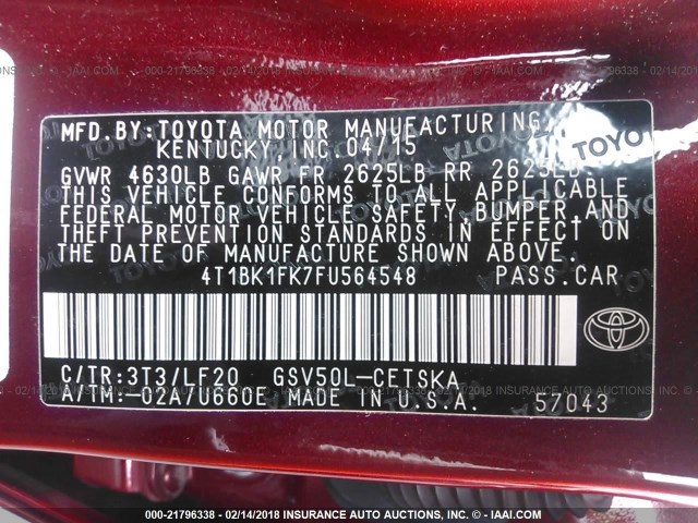 4T1BK1FK7FU564548 - 2015 TOYOTA CAMRY XSE/XLE Bordo foto 9