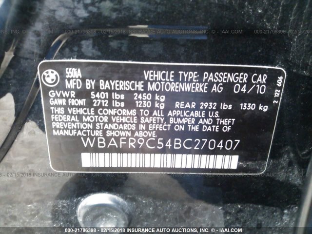 WBAFR9C54BC270407 - 2011 BMW 550 I BLACK photo 9