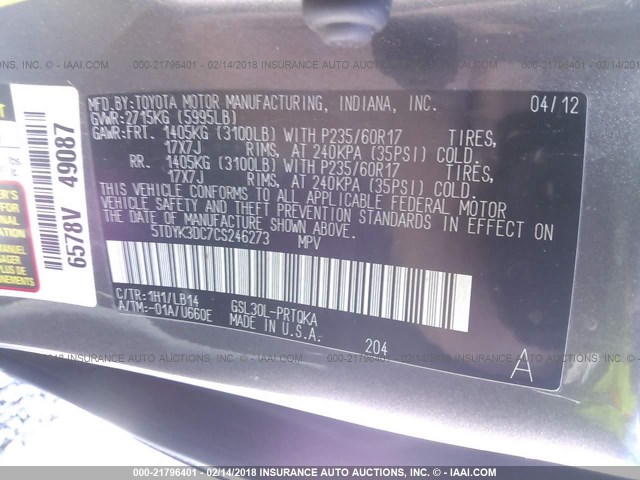 5TDYK3DC7CS246273 - 2012 TOYOTA SIENNA XLE/LIMITED GRAY photo 9