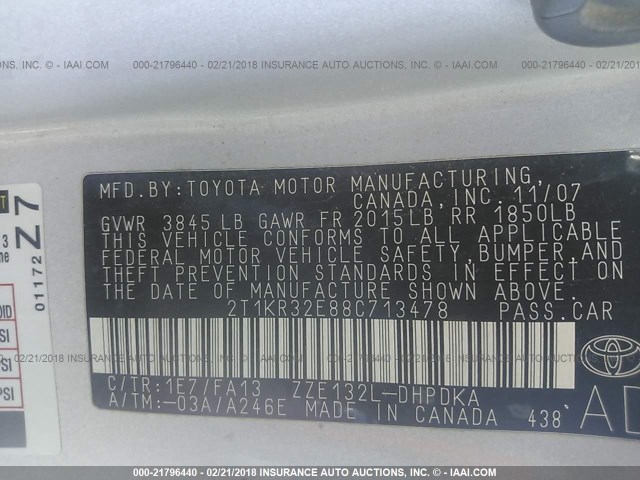2T1KR32E88C713478 - 2008 TOYOTA COROLLA MATRIX XR SILVER photo 9