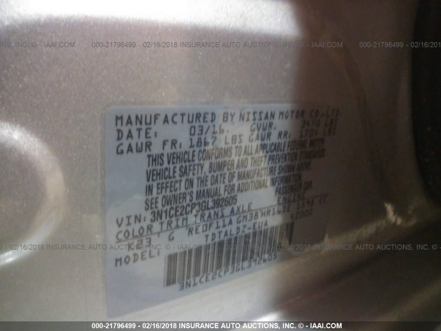 3N1CE2CP3GL392605 - 2016 NISSAN VERSA NOTE S/S PLUS/SV/SL/SR SILVER photo 9