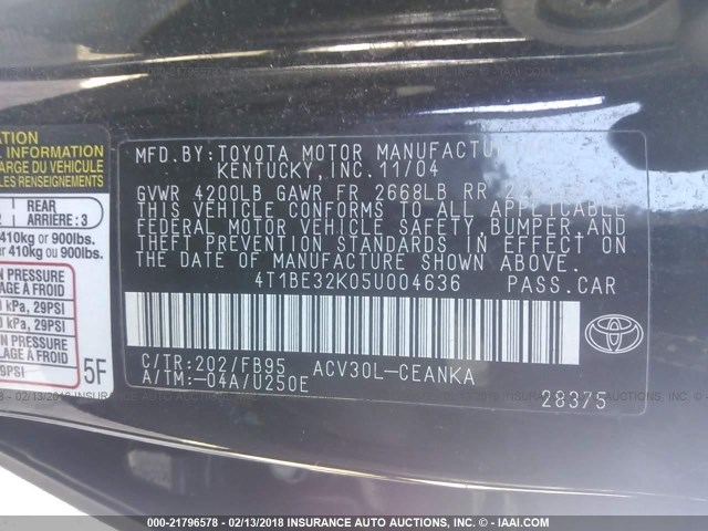 4T1BE32K05U004636 - 2005 TOYOTA CAMRY LE/XLE/SE შავი ფოტო 9