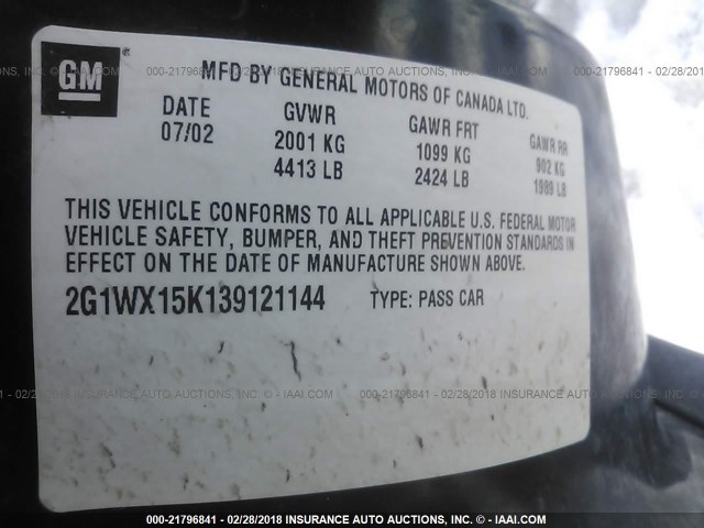 2G1WX15K139121144 - 2003 CHEVROLET MONTE CARLO SS შავი ფოტო 9