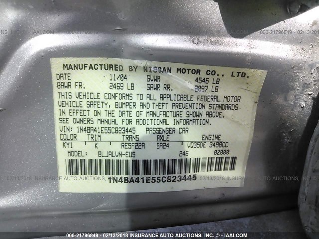 1N4BA41E55C823445 - 2005 NISSAN MAXIMA SE/SL SILVER photo 9