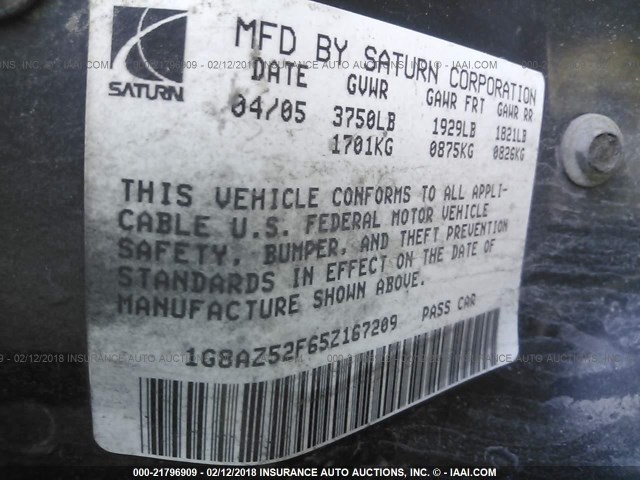 1G8AZ52F65Z167209 - 2005 SATURN ION LEVEL 2 GRAY photo 9