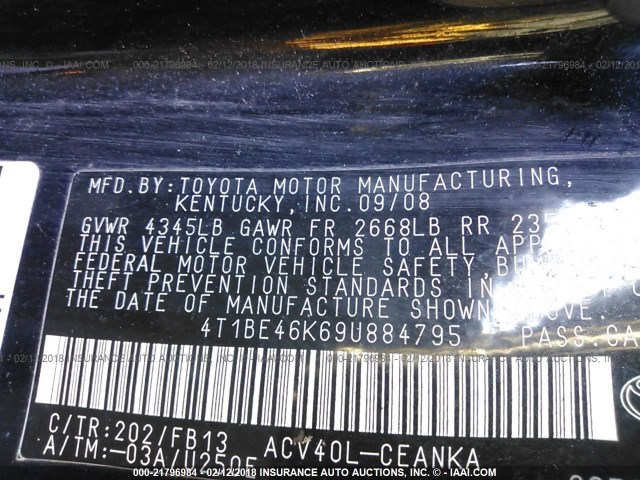 4T1BE46K69U884795 - 2009 TOYOTA CAMRY SE/LE/XLE BLACK photo 9
