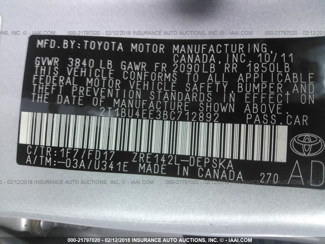 2T1BU4EE3BC712892 - 2011 TOYOTA COROLLA S/LE SILVER photo 9