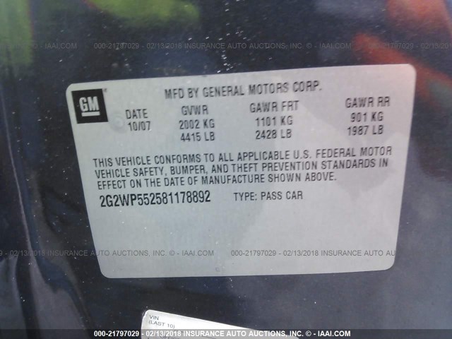 2G2WP552581178892 - 2008 PONTIAC GRAND PRIX Navy photo 9