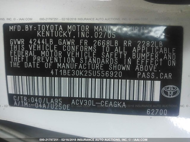 4T1BE30K25U556920 - 2005 TOYOTA CAMRY LE/XLE/SE თეთრი ფოტო 9