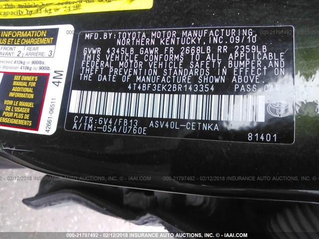 4T4BF3EK2BR143354 - 2011 TOYOTA CAMRY SE/LE/XLE GREEN photo 9