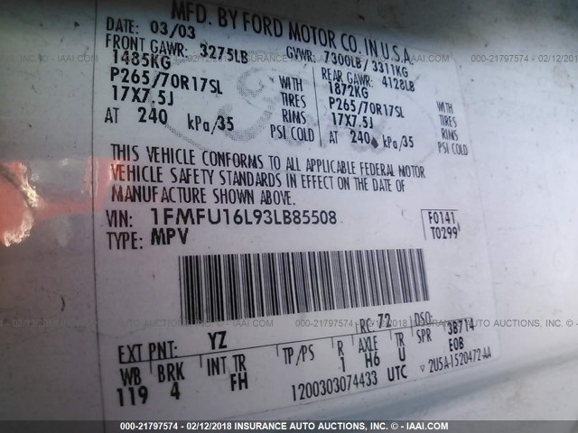 1FMFU16L93LB85508 - 2003 FORD EXPEDITION XLT თეთრი ფოტო 9