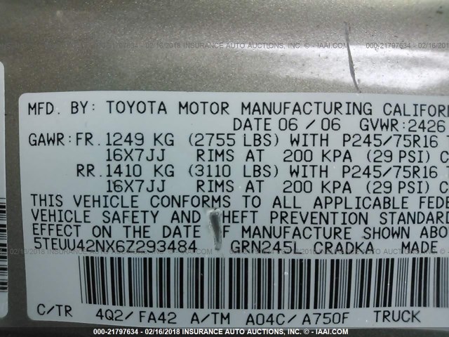 5TEUU42NX6Z293484 - 2006 TOYOTA TACOMA ACCESS CAB Қоңыр фото 9