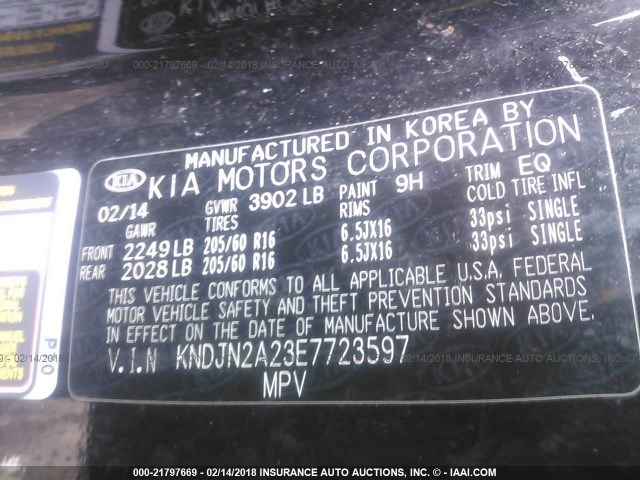 KNDJN2A23E7723597 - 2014 KIA SOUL BLACK photo 9