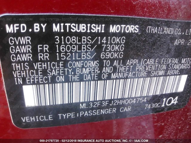 ML32F3FJ2HH004754 - 2017 MITSUBISHI MIRAGE G4 ES წითელი ფოტო 9