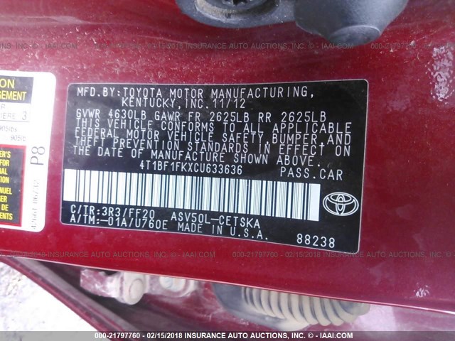 4T1BF1FKXCU633636 - 2012 TOYOTA CAMRY SE/LE/XLE RED photo 9