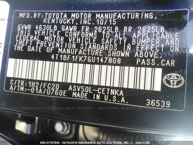4T1BF1FK7GU147808 - 2016 TOYOTA CAMRY LE/XLE/SE/XSE Noir photo 9