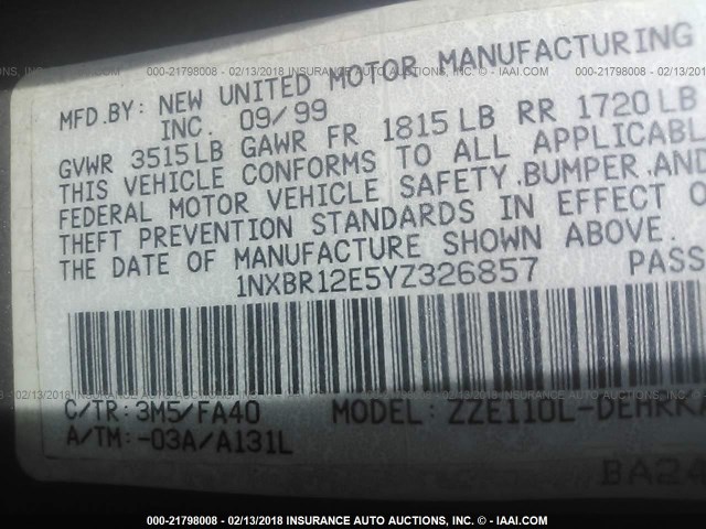 1NXBR12E5YZ326857 - 2000 TOYOTA COROLLA VE/CE/LE 银色 照片 9