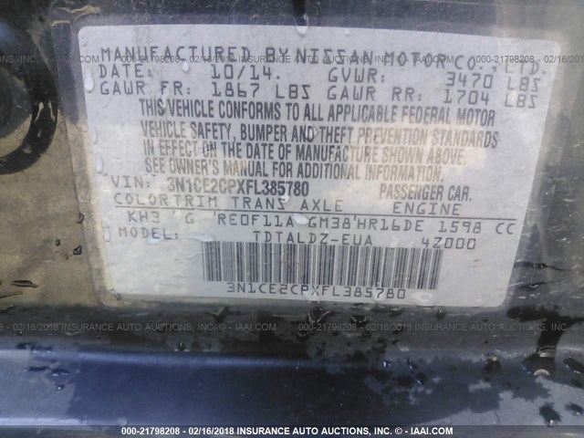 3N1CE2CPXFL385780 - 2015 NISSAN VERSA NOTE S/S PLUS/SV/SL/SR BLACK photo 9