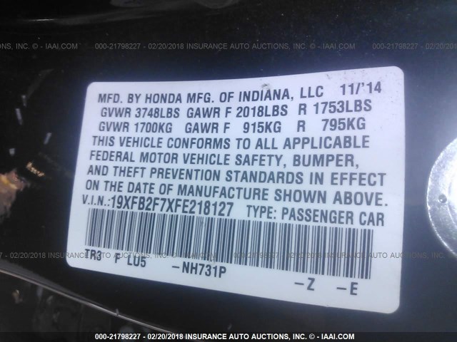 19XFB2F7XFE218127 - 2015 HONDA CIVIC SE BLACK photo 9