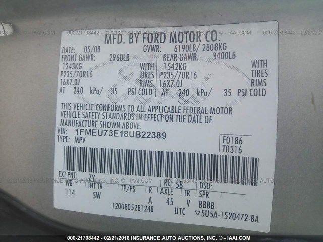 1FMEU73E18UB22389 - 2008 FORD EXPLORER XLT GOLD photo 9