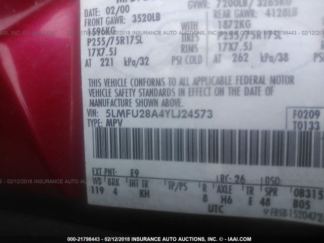 5LMFU28A4YLJ24573 - 2000 LINCOLN NAVIGATOR Қызыл фото 9