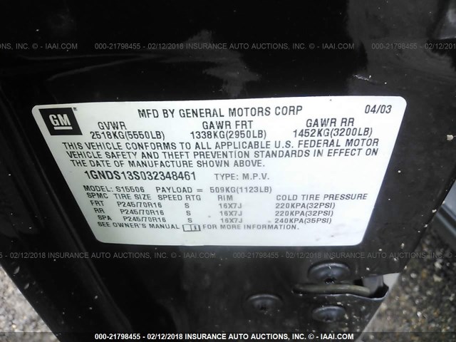 1GNDS13S032348461 - 2003 CHEVROLET TRAILBLAZER  BLACK photo 9