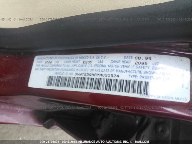 3VWTE29M8YM031924 - 2000 VOLKSWAGEN JETTA GLX MAROON photo 9