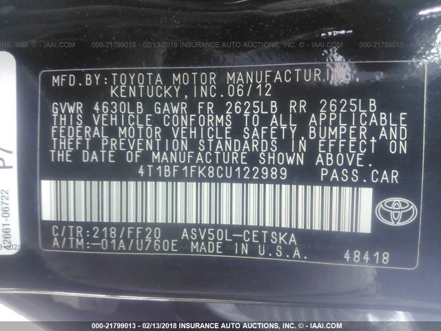 4T1BF1FK8CU122989 - 2012 TOYOTA CAMRY SE/LE/XLE BLACK photo 9