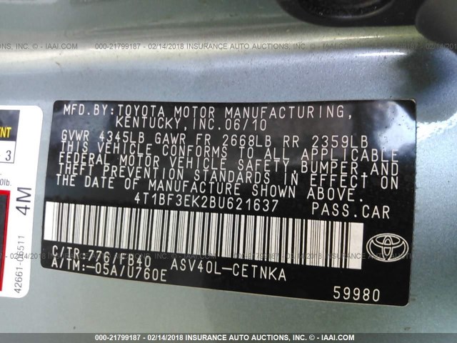 4T1BF3EK2BU621637 - 2011 TOYOTA CAMRY SE/LE/XLE GREEN photo 9