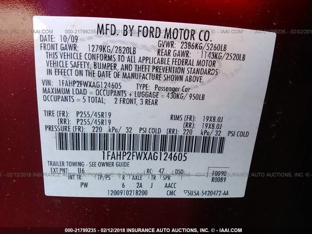 1FAHP2FWXAG124605 - 2010 FORD TAURUS LIMITED RED photo 9