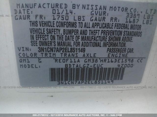 3N1CN7AP2EL851149 - 2014 NISSAN VERSA S/S PLUS/SV/SL WHITE photo 9