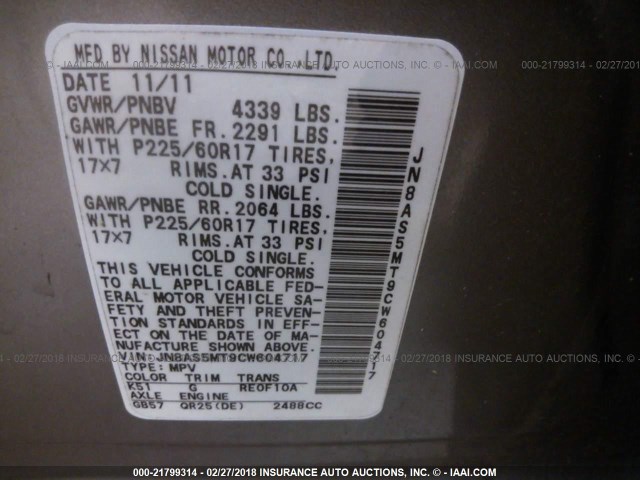 JN8AS5MT9CW604717 - 2012 NISSAN ROGUE S/SV GRAY photo 9