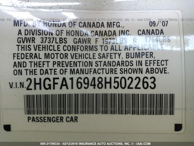 2HGFA16948H502263 - 2008 HONDA CIVIC EXL 白色 照片 9