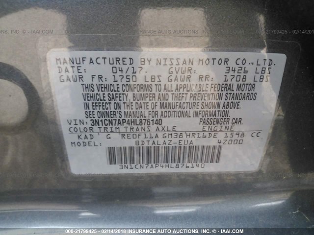 3N1CN7AP4HL876140 - 2017 NISSAN VERSA S/S PLUS/SV/SL GRAY photo 9