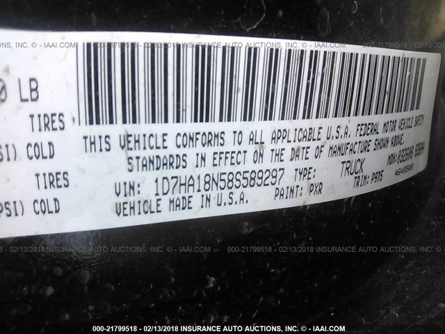 1D7HA18N58S589297 - 2008 DODGE RAM 1500 ST/SLT BLACK photo 9