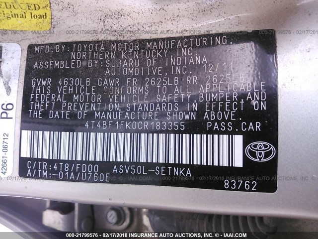 4T4BF1FK0CR183355 - 2012 TOYOTA CAMRY SE/LE/XLE GOLD photo 9