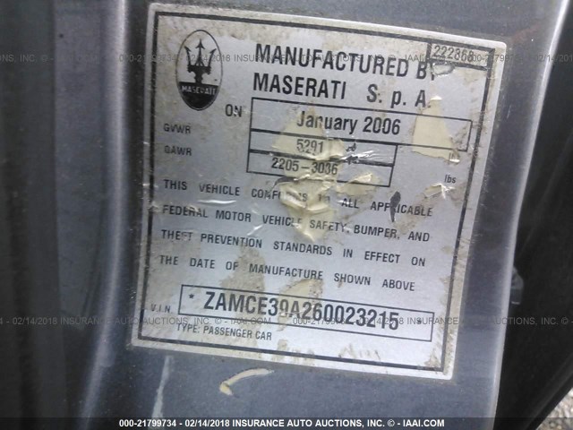 ZAMCE39A260023215 - 2006 MASERATI Quattroporte M139 GRAY photo 9