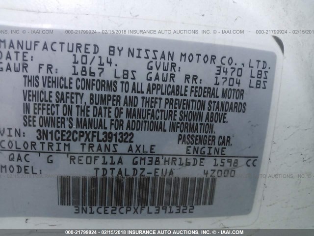 3N1CE2CPXFL391322 - 2015 NISSAN VERSA NOTE S/S PLUS/SV/SL/SR WHITE photo 9