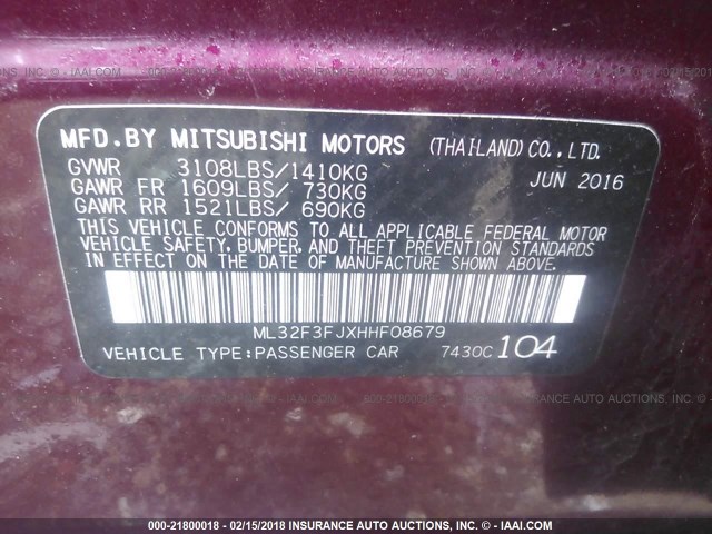 ML32F3FJXHHF08679 - 2017 MITSUBISHI MIRAGE G4 ES Күлгін фото 9