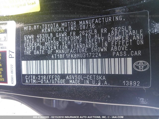 4T1BF1FK8HU317224 - 2017 TOYOTA CAMRY LE/XLE/SE/XSE Schwarz Foto 9