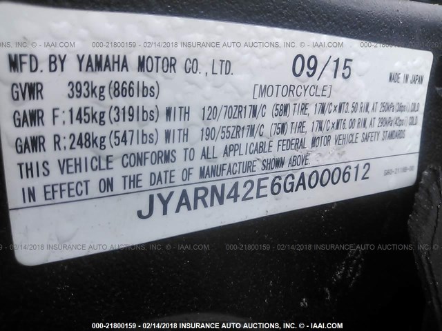 JYARN42E6GA000612 - 2016 YAMAHA YZFR1S GRAY photo 10