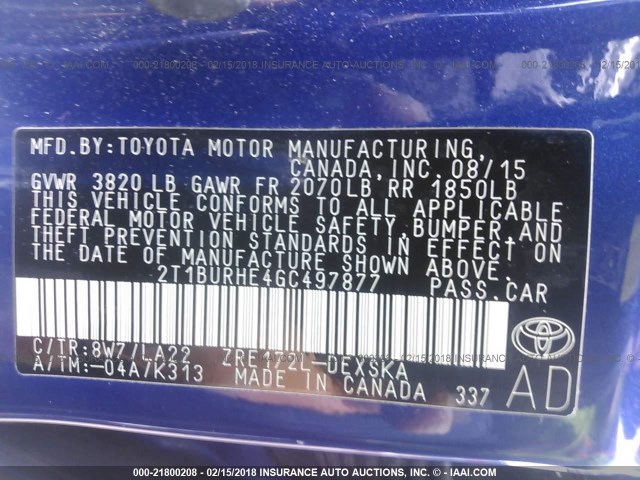 2T1BURHE4GC497877 - 2016 TOYOTA COROLLA L/LE/LE PLS/PRM/S/S PLS BLUE photo 9