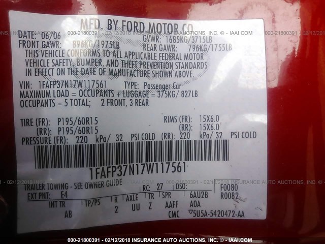 1FAFP37N17W117561 - 2007 FORD FOCUS ZX5/S/SE/SES 红色 照片 9