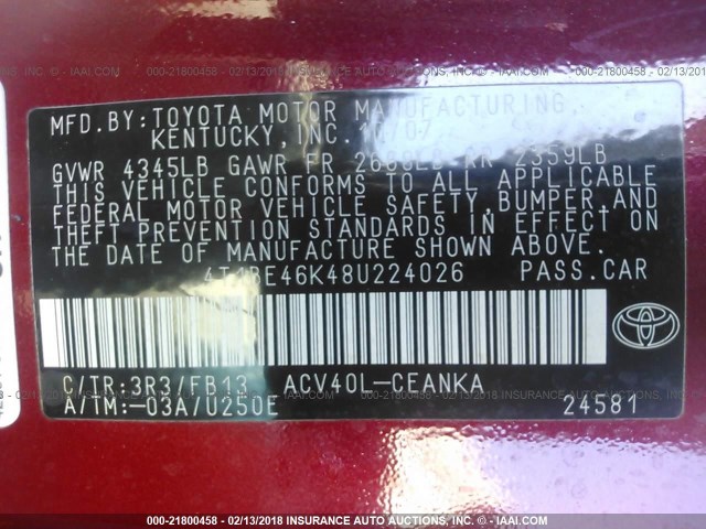 4T1BE46K48U224026 - 2008 TOYOTA CAMRY CE/LE/XLE/SE RED photo 9