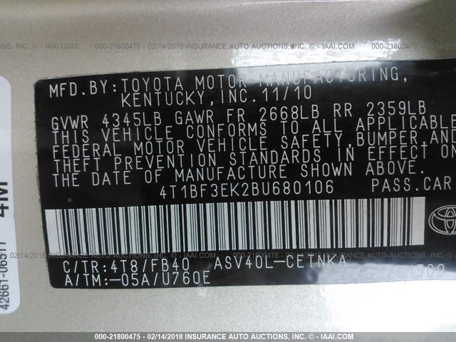 4T1BF3EK2BU680106 - 2011 TOYOTA CAMRY SE/LE/XLE GOLD photo 9