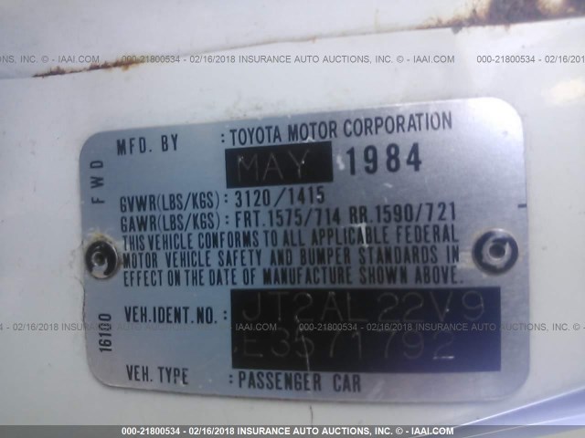 JT2AL22V9E3571792 - 1984 TOYOTA TERCEL DELUXE WHITE photo 9