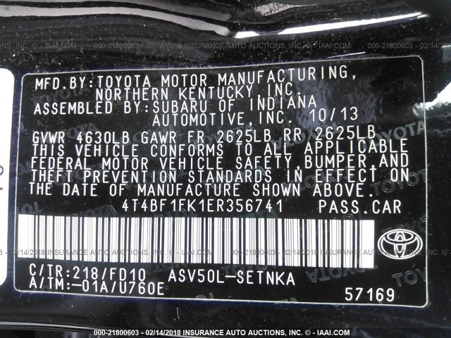 4T4BF1FK1ER356741 - 2014 TOYOTA CAMRY L/SE/LE/XLE 黑色 照片 9